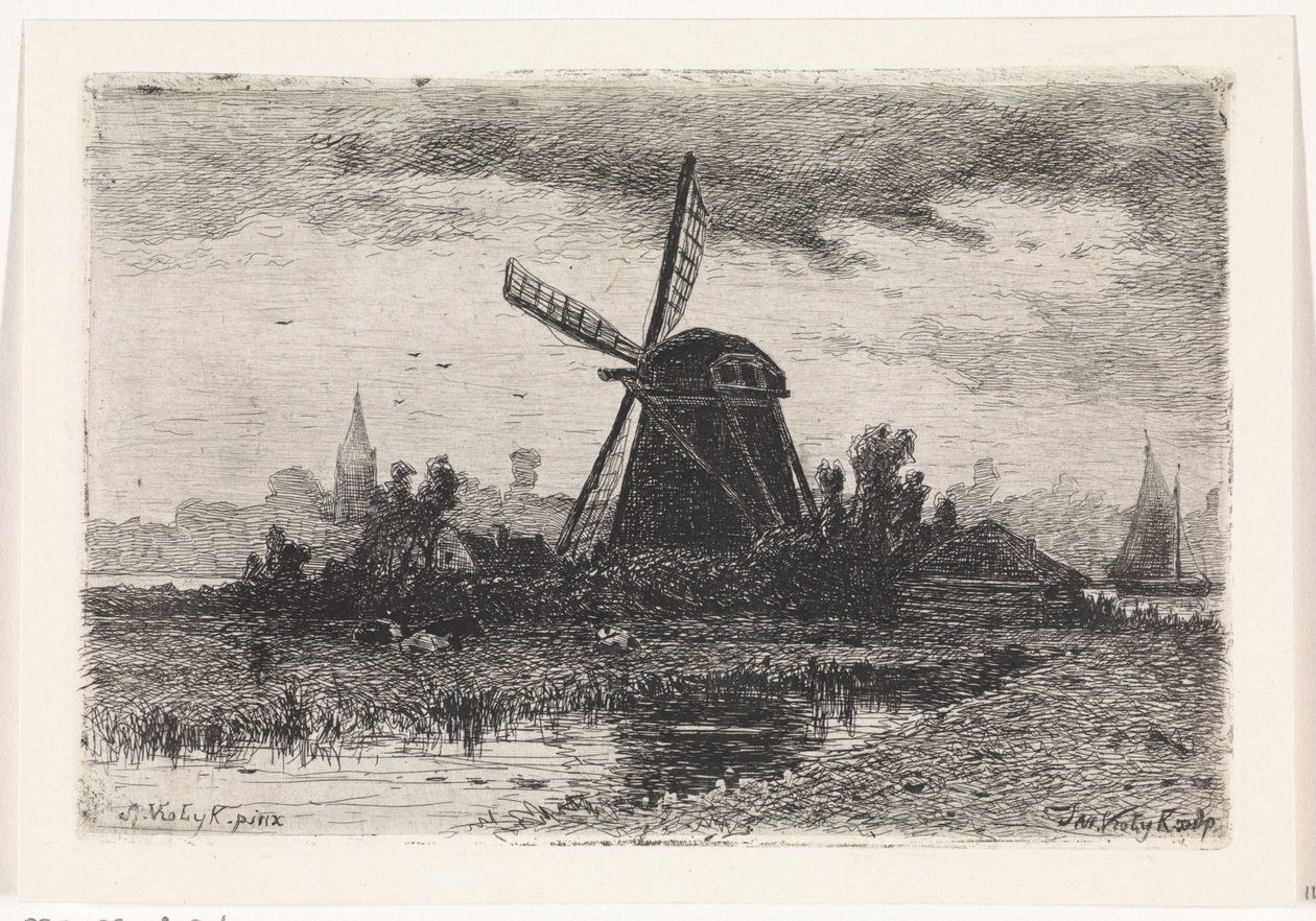 Landschap met molen door Johannes Martinus Vrolijk