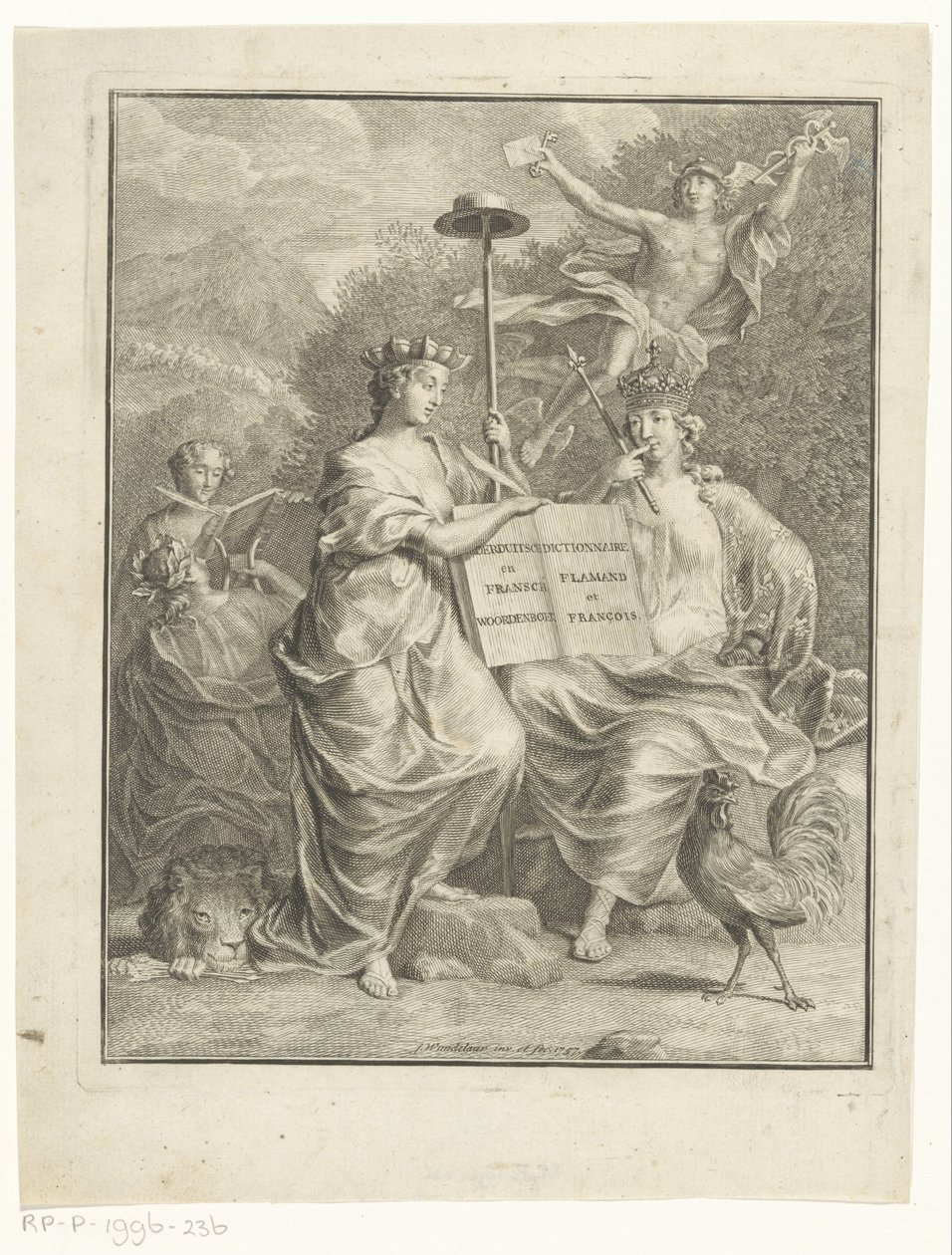 Personificaties van de Oostenrijkse Nederlanden en Frankrijk Titelpagina voor: François Halma, Het groot Fransch en Nederduitsch woordenboek, 1761 door Jan Wandelaar