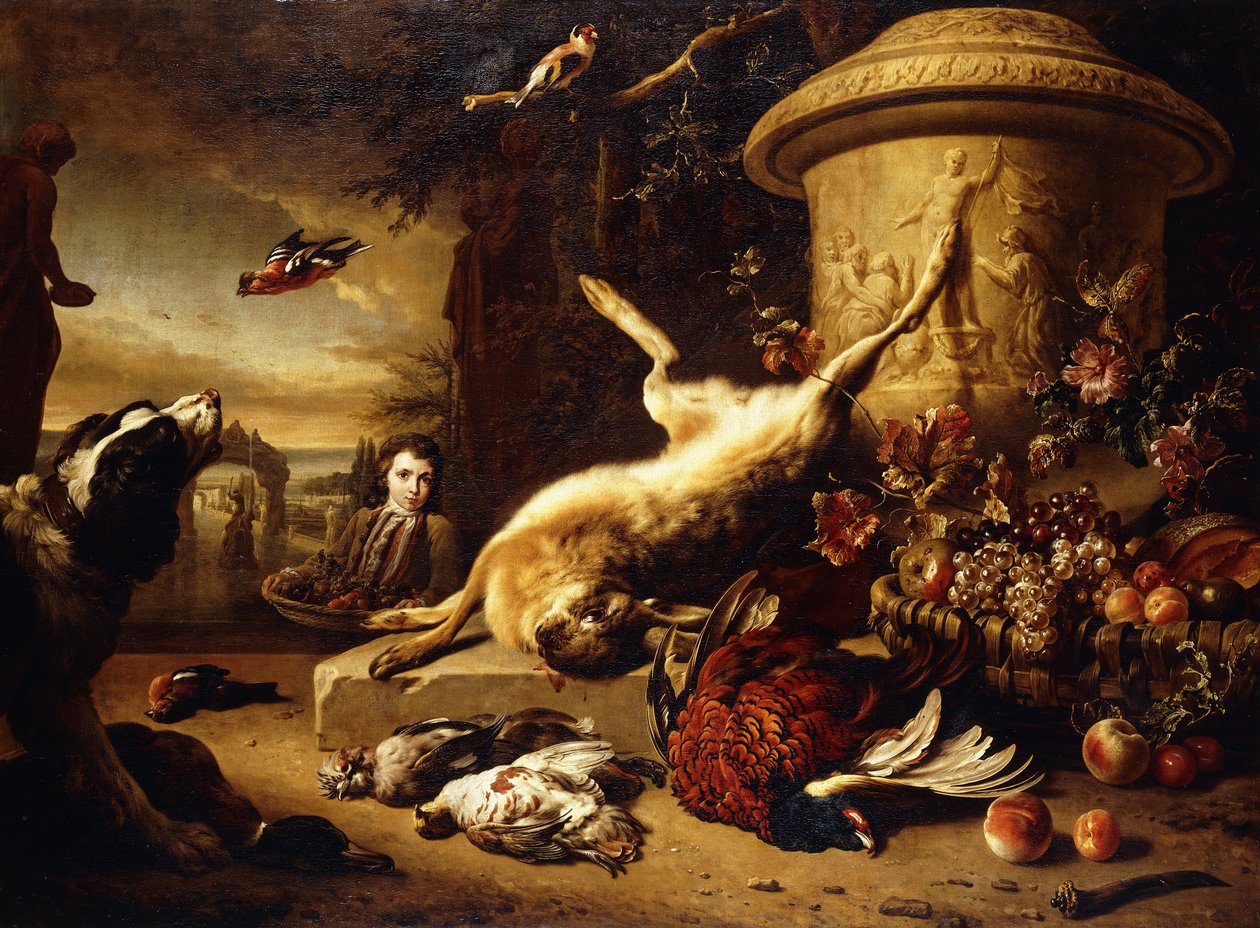 Een dode Haas op een sokkel bij een gebeeldhouwde Urn met een Mand Fruit, een dode Fazant, Wilde Eend, Korhoen, Vlaamse Gaai en Vink, een Hond die een Putter bekijkt en een Jongen die een Mand Fruit draagt in een Park, 1705 door Jan Baptist Weenix