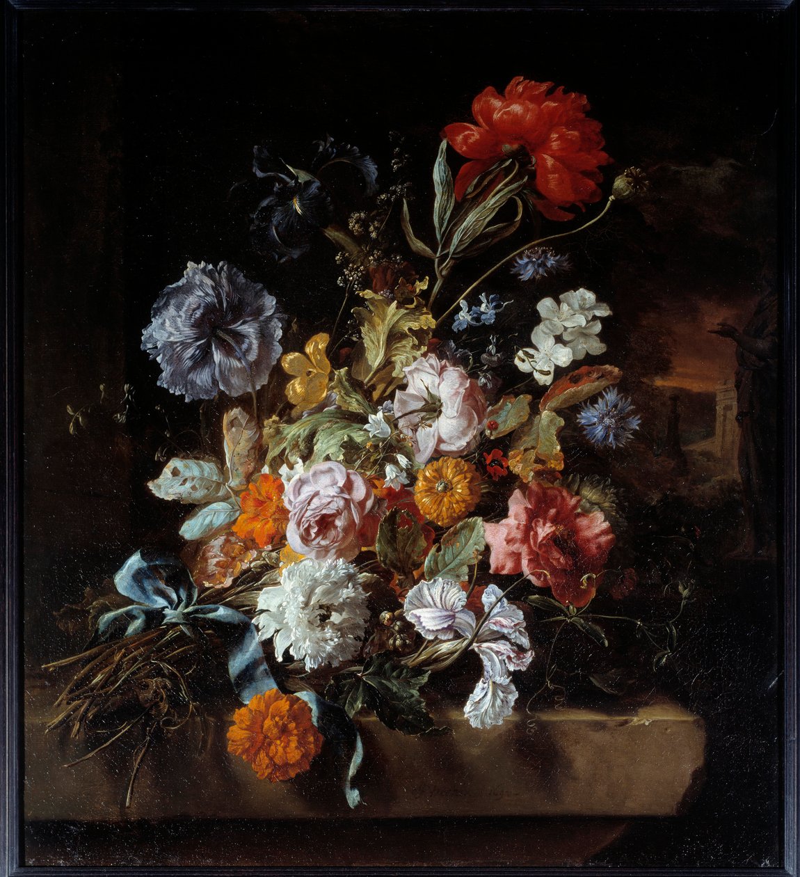 Boeket bloemen op een stenen bank door Jan Baptist Weenix