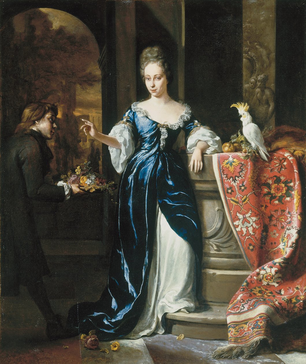 Portret van Lodewina Schey in een blauwe jurk, met een bediende die bloemen draagt door Jan Baptist Weenix