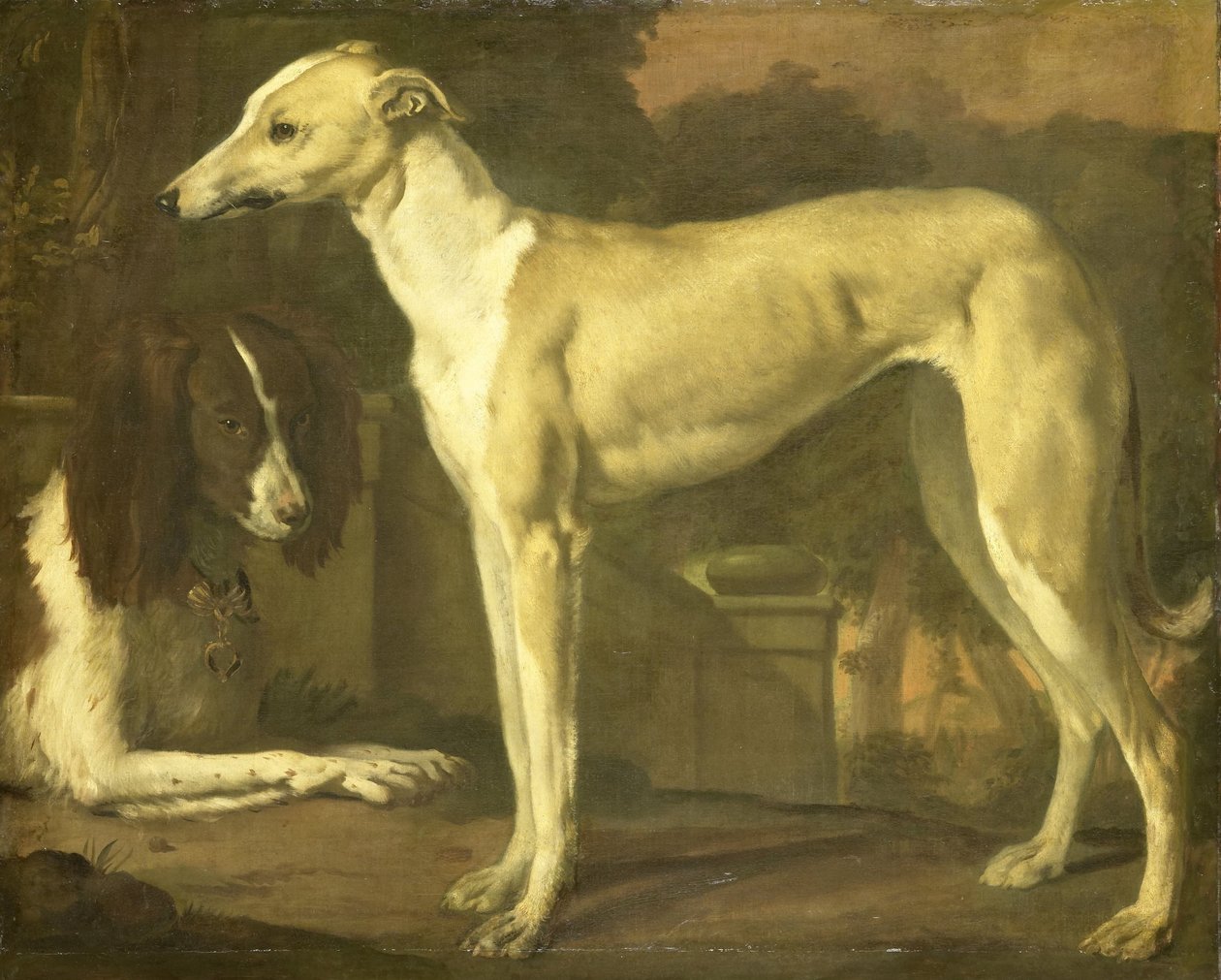 Portret van een windhond en een spaniel door Jan Baptist Weenix