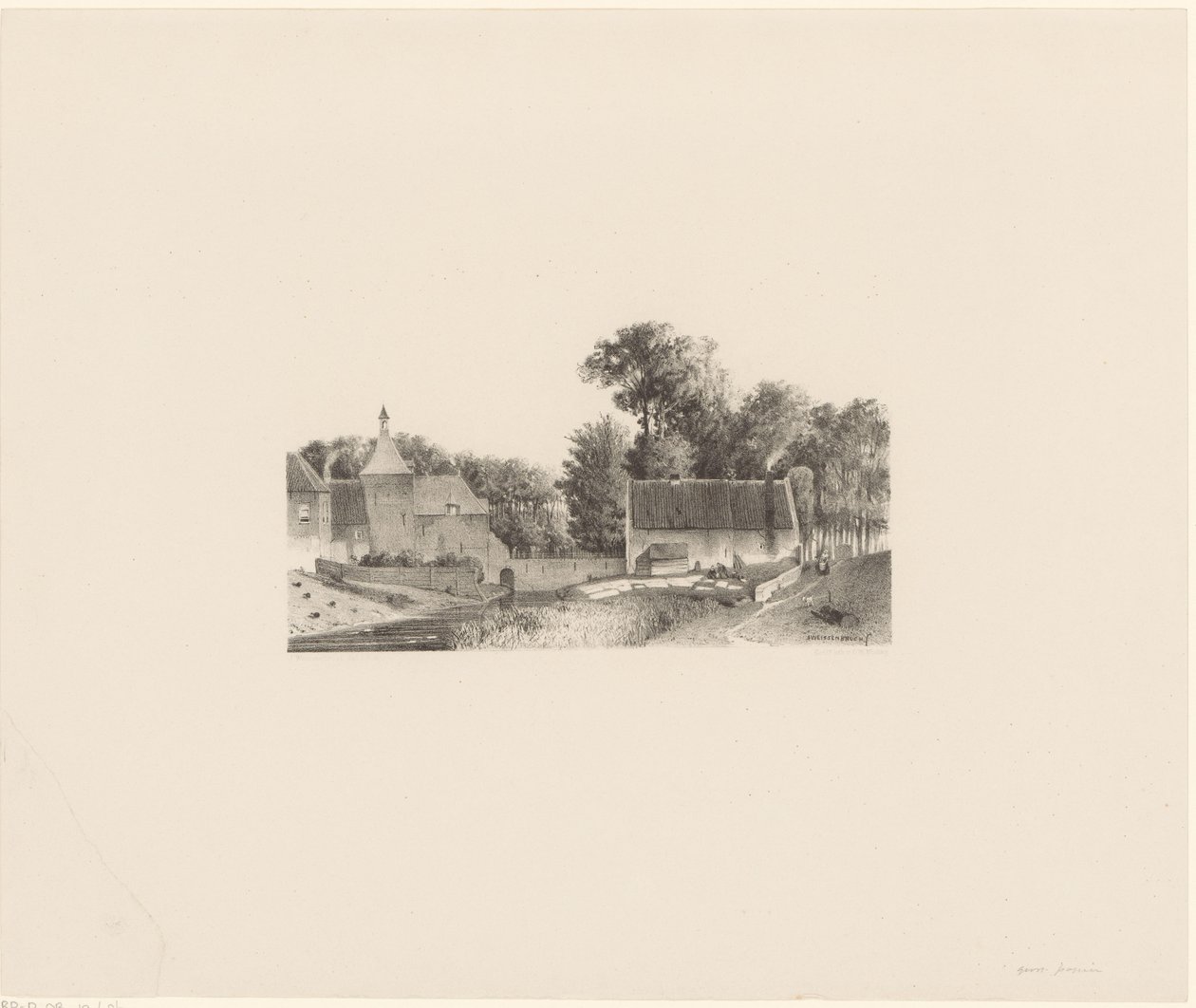 Gezicht op een kasteel en het bleken van de was door Jan Weissenbruch