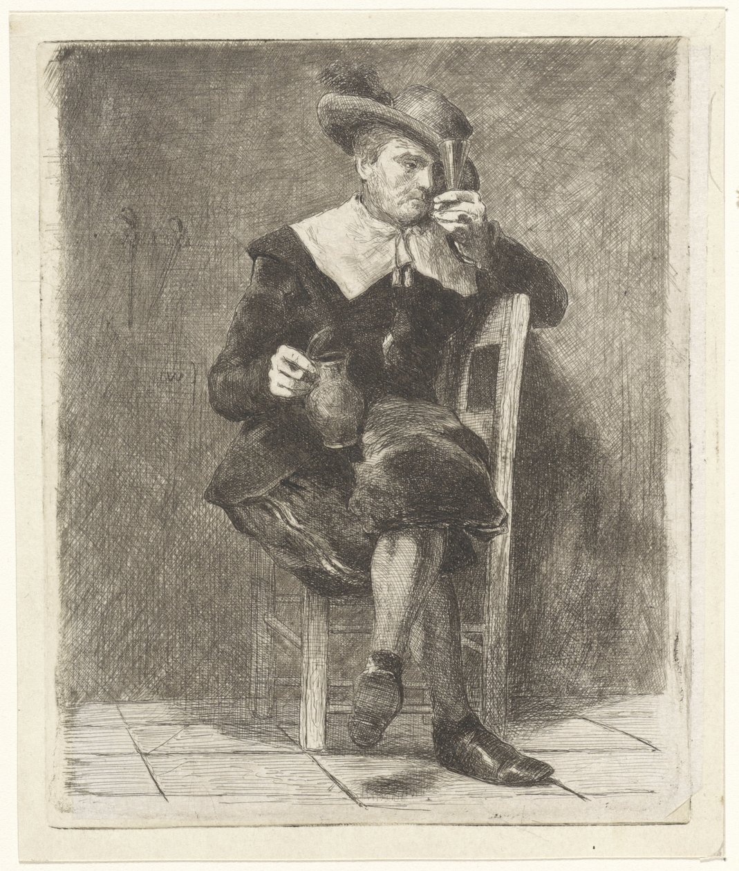 Man met kruik en glas op een stoel door Jan Weissenbruch