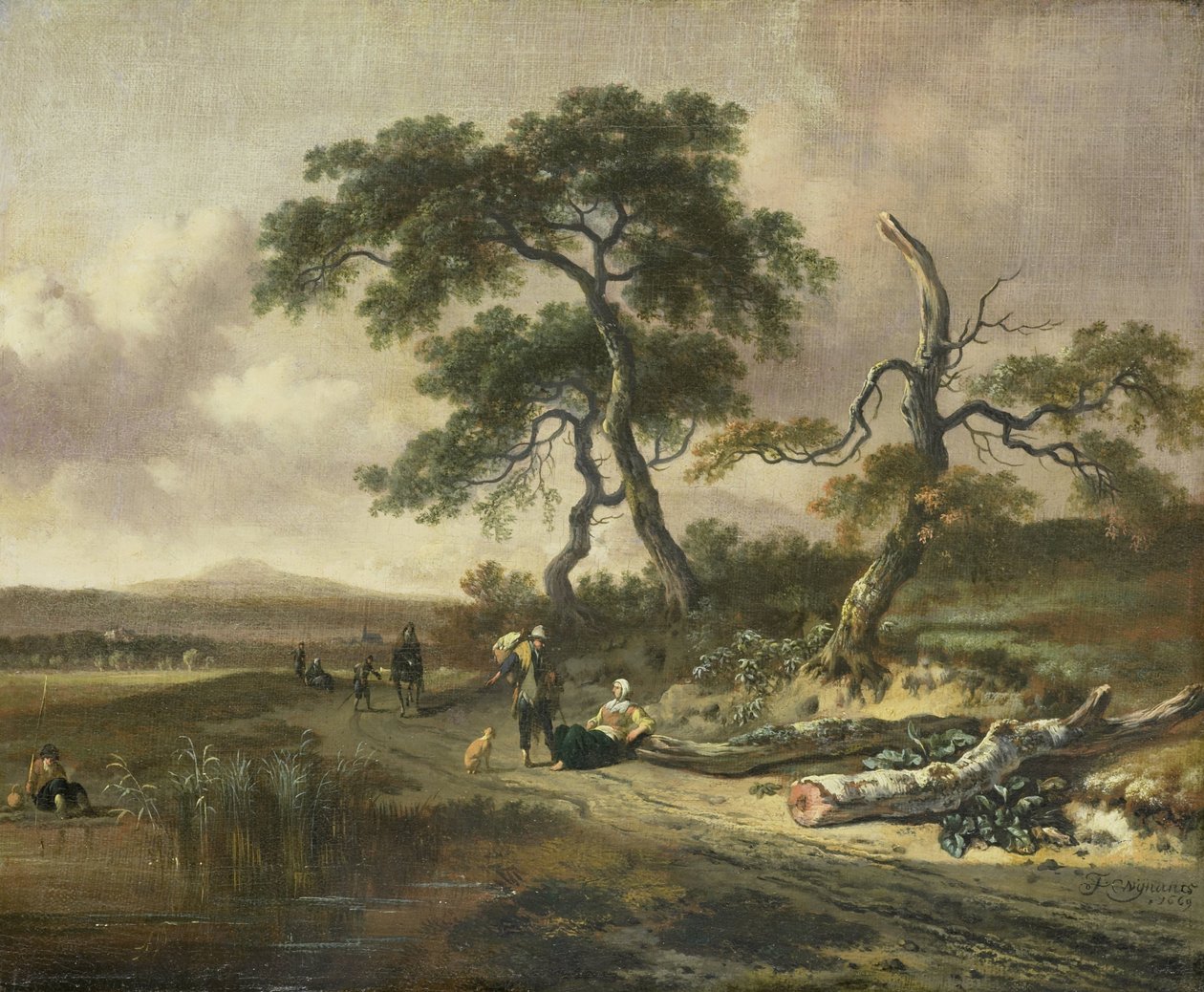 Landschap met een marskramer en rustende vrouw door Jan Wijnants
