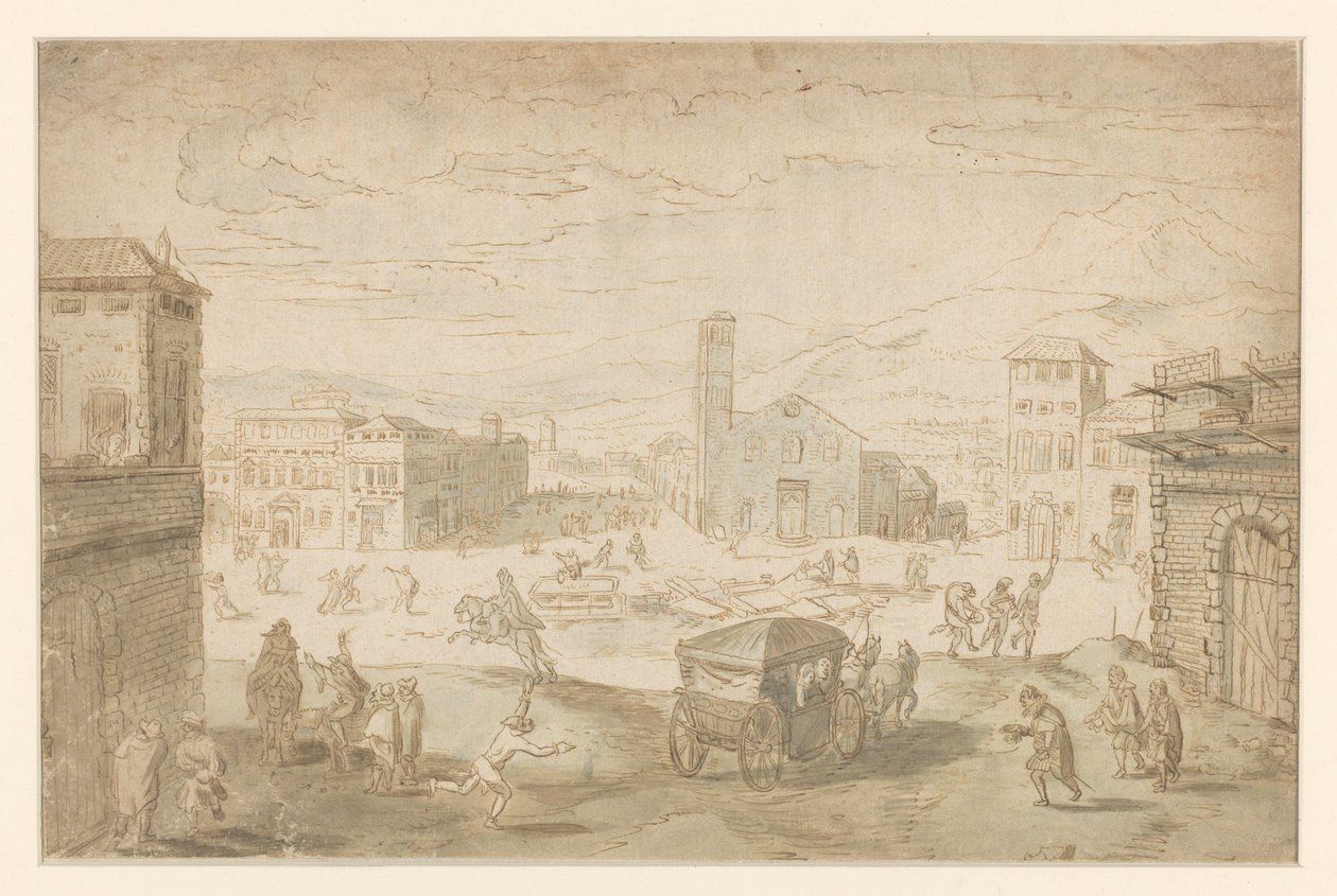 De maand Februari: vastenavondscène op een Italiaans plein door Jan Wildens