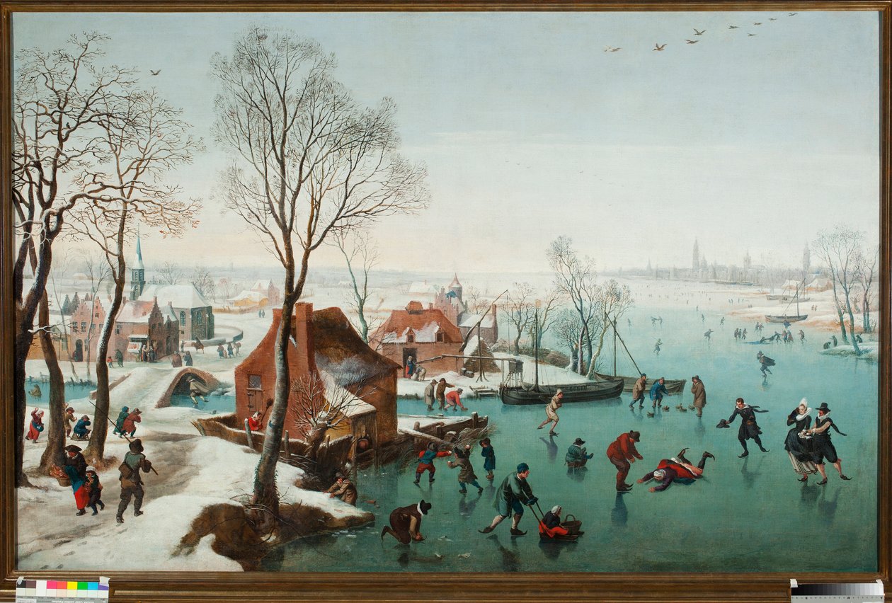 December, schaatsers op een bevroren meer door Jan Wildens