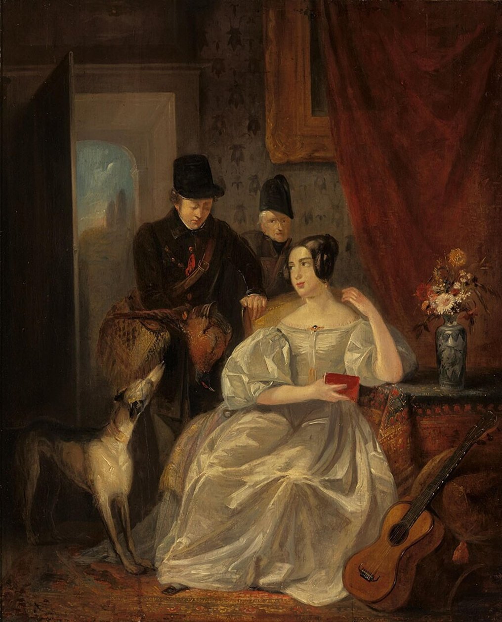 Dutch: Interieur met een van de jacht thuiskomende jager Interior with a Hunter coming Home door Jan Willem Pieneman