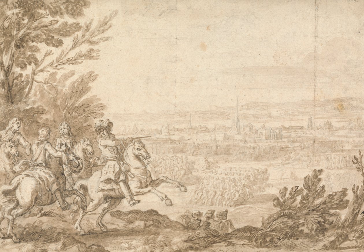 Commandant met assistenten te paard die een slag leiden door Jan Wyck