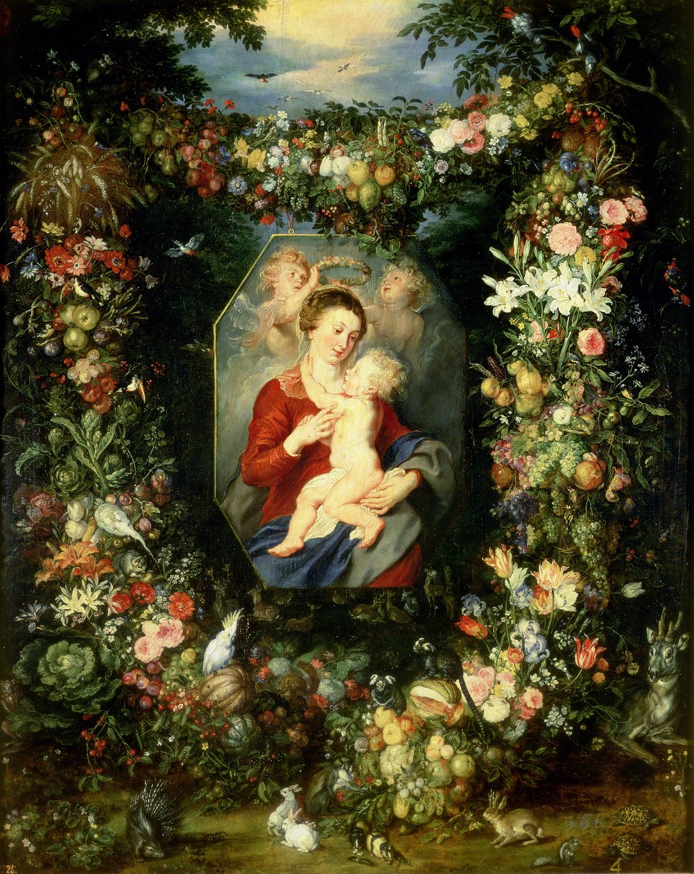 De Maagd en kind in een krans van fruit en bloemen door Jan and Rubens, P.P. Brueghel