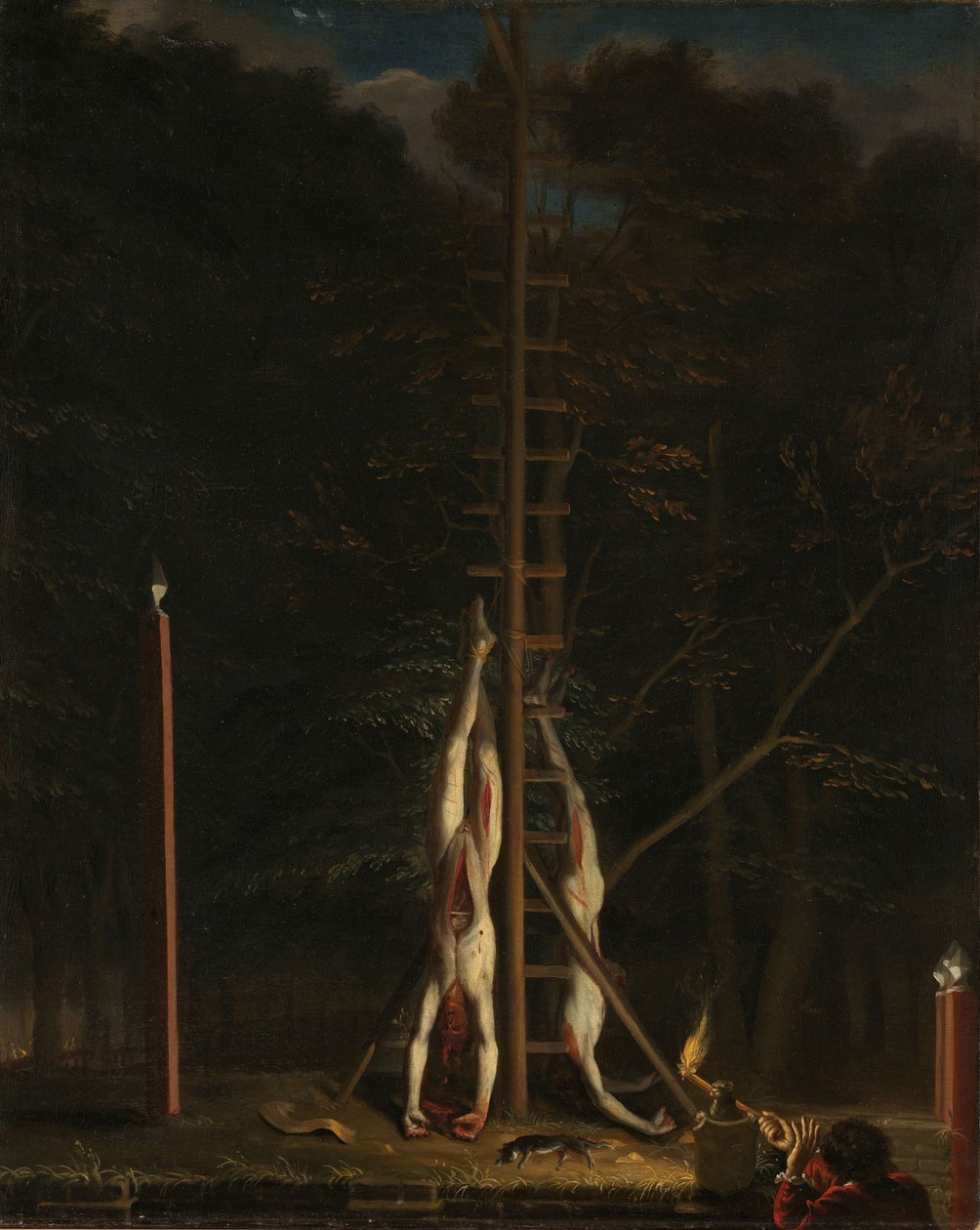 De lijken van de gebroeders De Witt, Jan en Cornelis, hangend aan de Groene Zoodje op de Vijverberg, Den Haag, 1672 door Jan de Baen (attributed to)