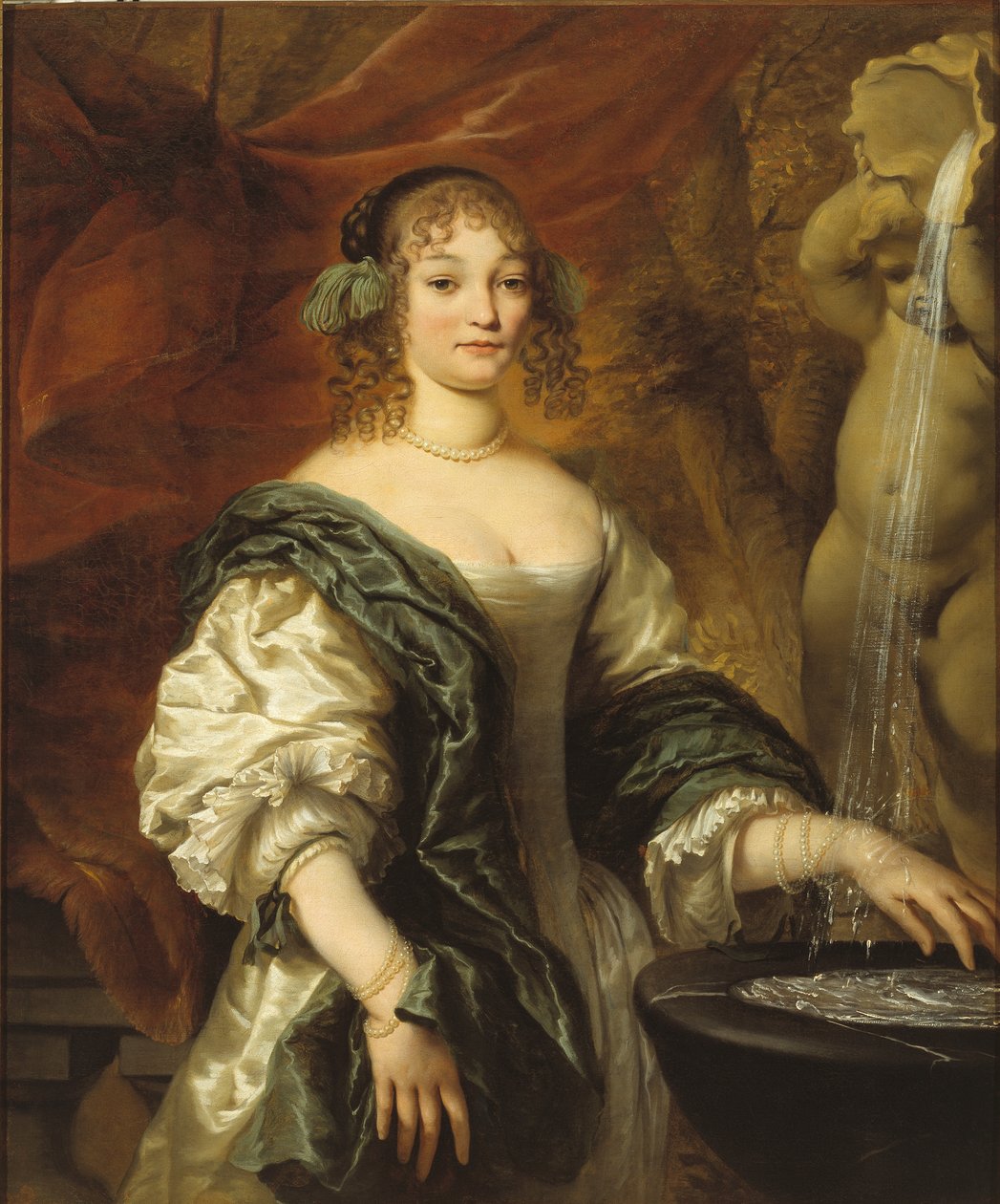 Portret van een jonge dame bij een fontein, tweede helft van de 17e eeuw door Jan de Baen