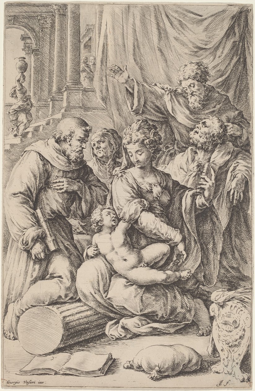 Heilige Familie met heiligen door Jan de Bisschop, after Giorgio Vasari