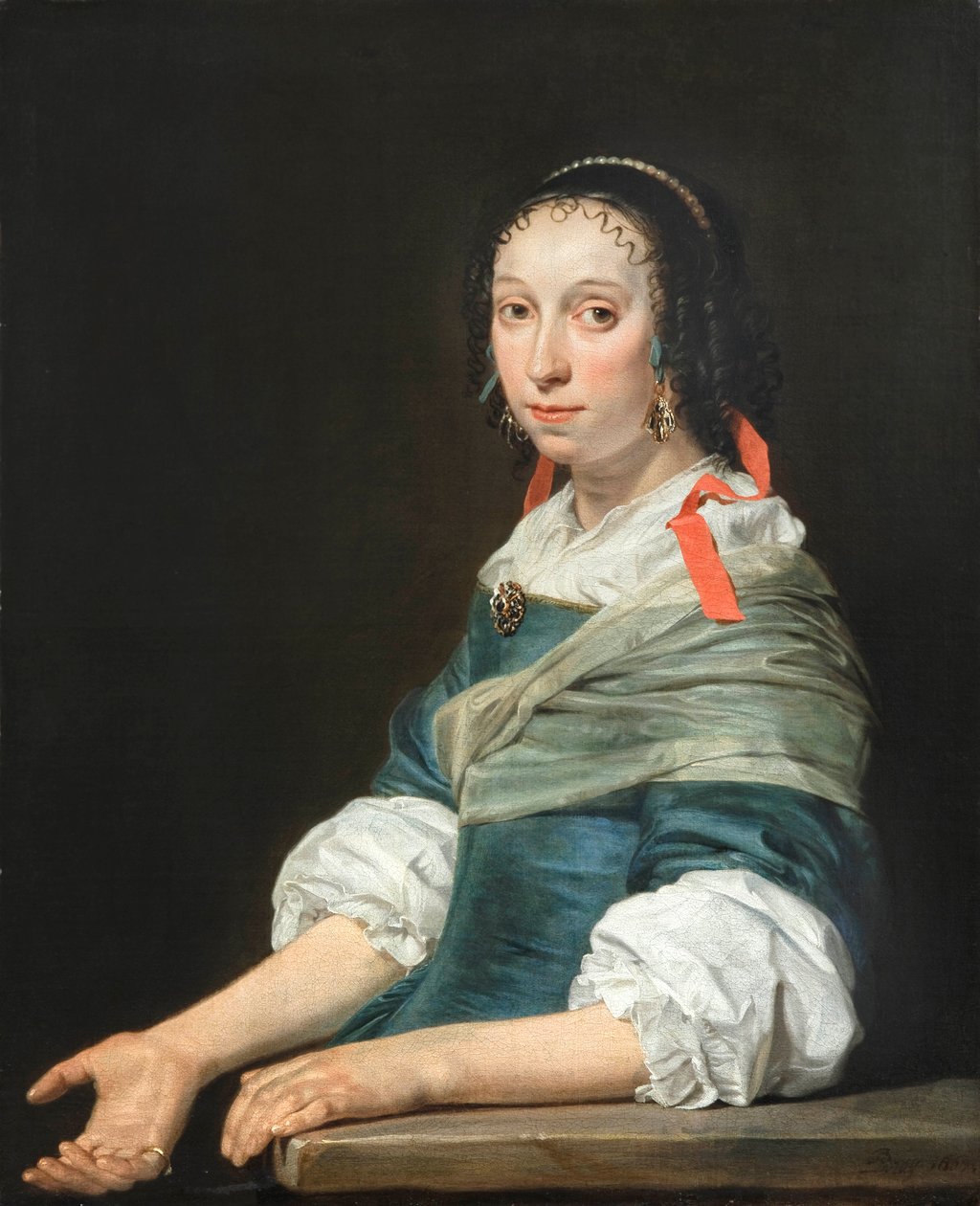 Portret van een dame met een rood lint in haar haar door Jan de Bray
