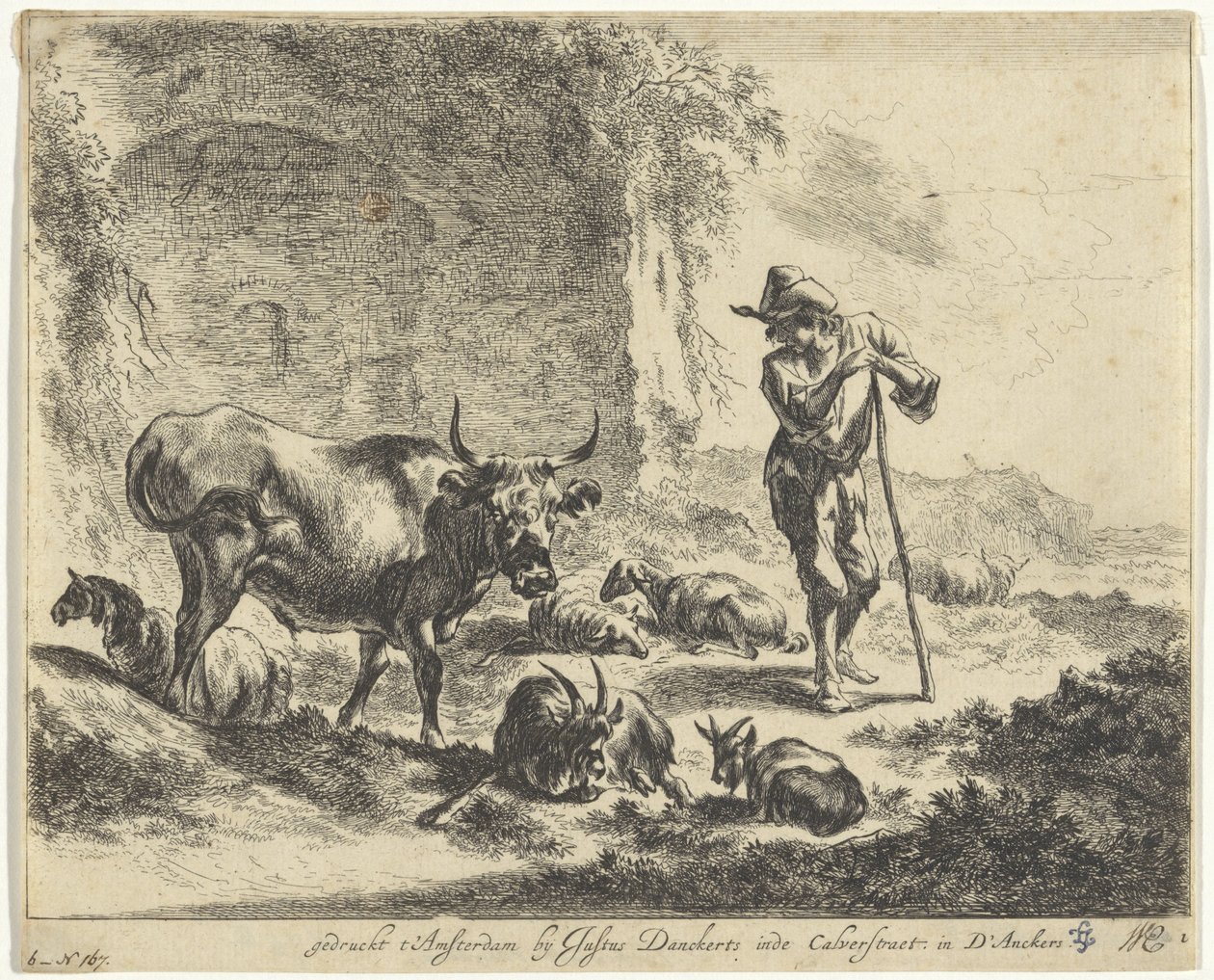 Herder rustend op zijn staf bij een ruïne door Jan de Visscher