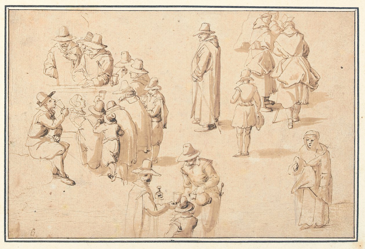 Een fontein in Spa met studies van elegante figuren die het water nemen en van twee monniken en een priester door Jan the Elder Brueghel
