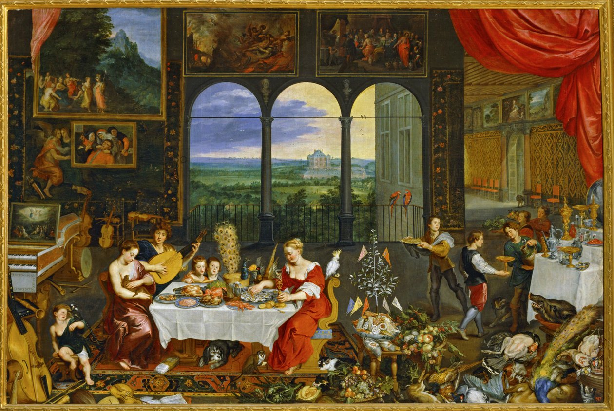 Allegorieën van smaak, gehoor en tast ... (schilderij op doek) door Jan the Elder Brueghel