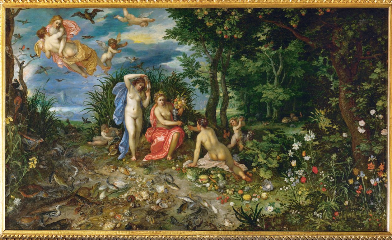Ceres en de vier elementen (schilderij op koper) door Jan the Elder Brueghel