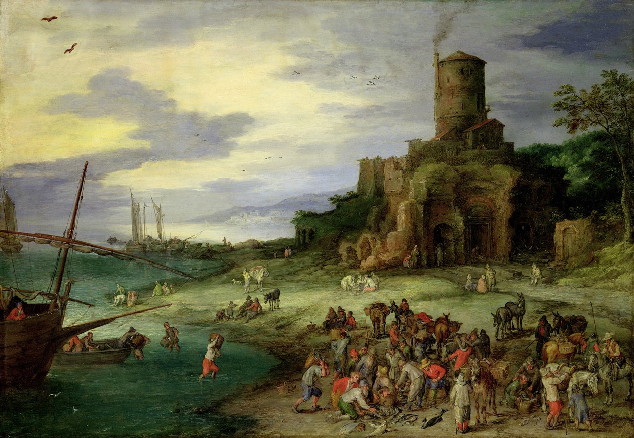 Vissers aan de kust door Jan the Elder Brueghel