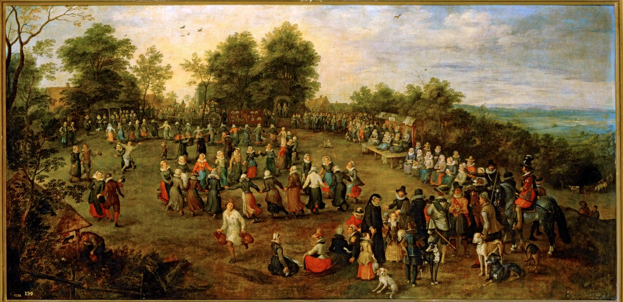 Volksdans voor de aartshertogen ... (schilderij op doek) door Jan the Elder Brueghel