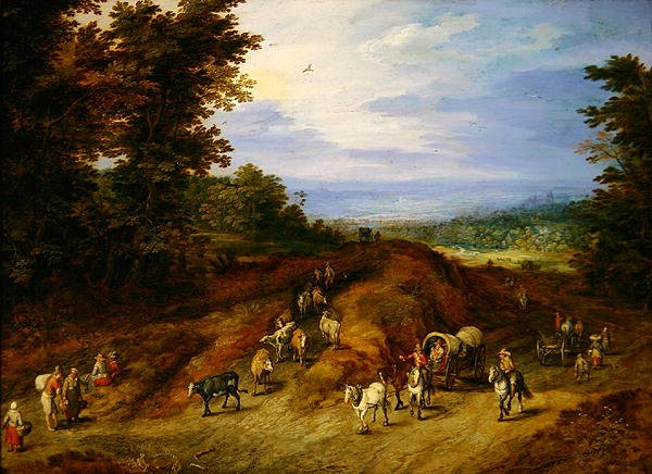 Landschap met boeren, karren en dieren door Jan the Elder Brueghel