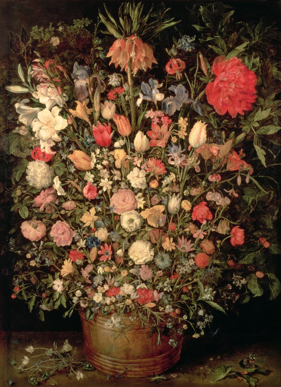 Groot boeket bloemen in een houten kuip door Jan the Elder Brueghel