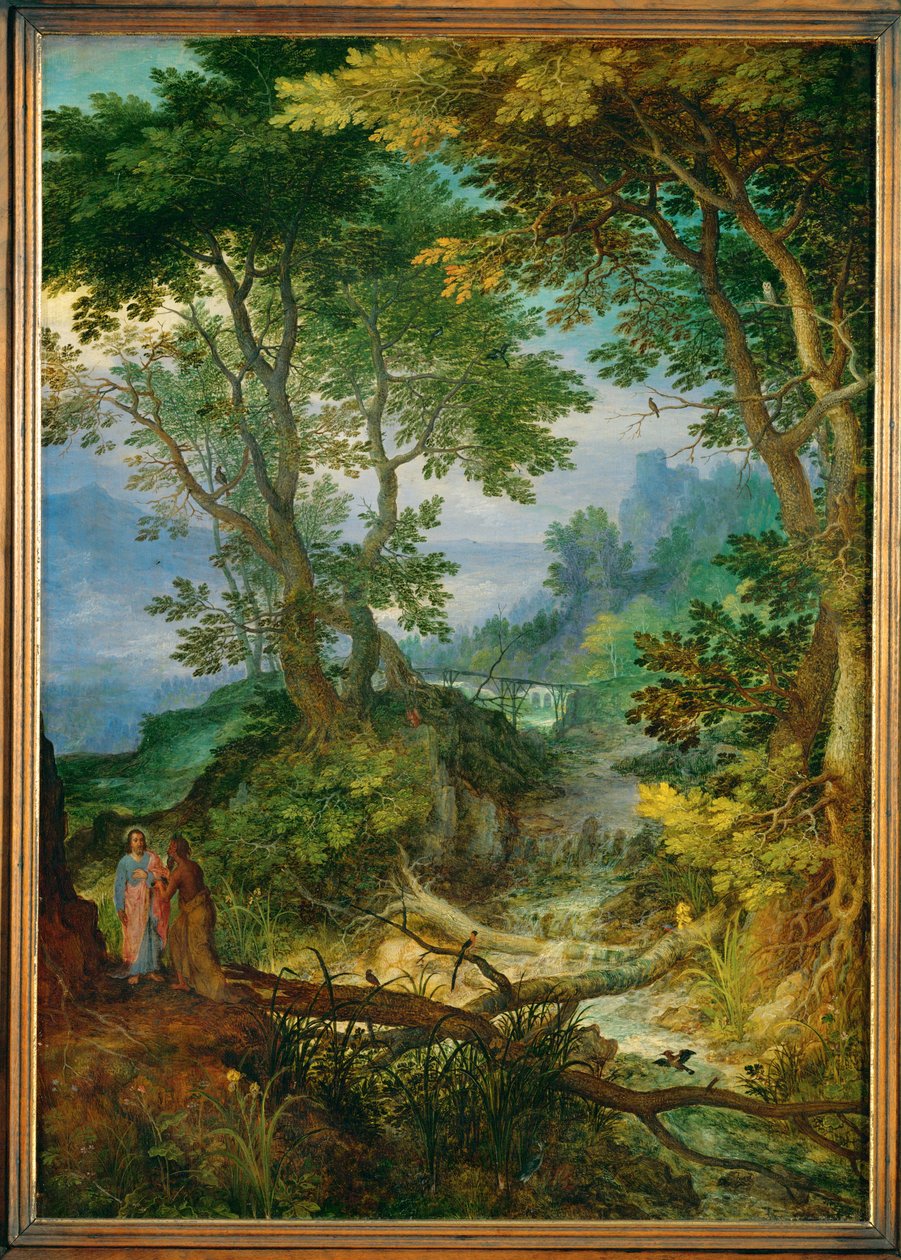 Berglandschap met de verzoeking van Christus (schilderij op eikenhout) door Jan the Elder Brueghel