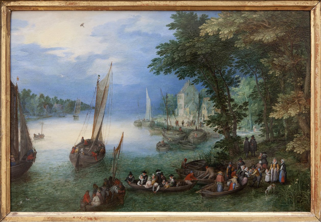 Rivierscène of de barkage door Jan the Elder Brueghel