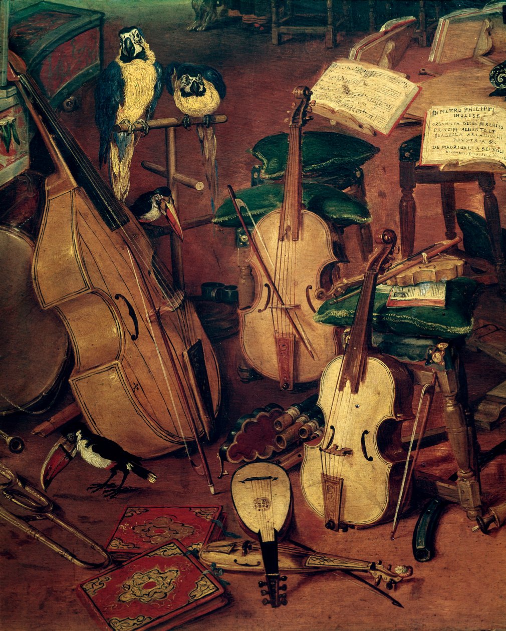 Snaren en papegaaien, detail van Allegorie van de vijf zintuigen door Jan the Elder Brueghel