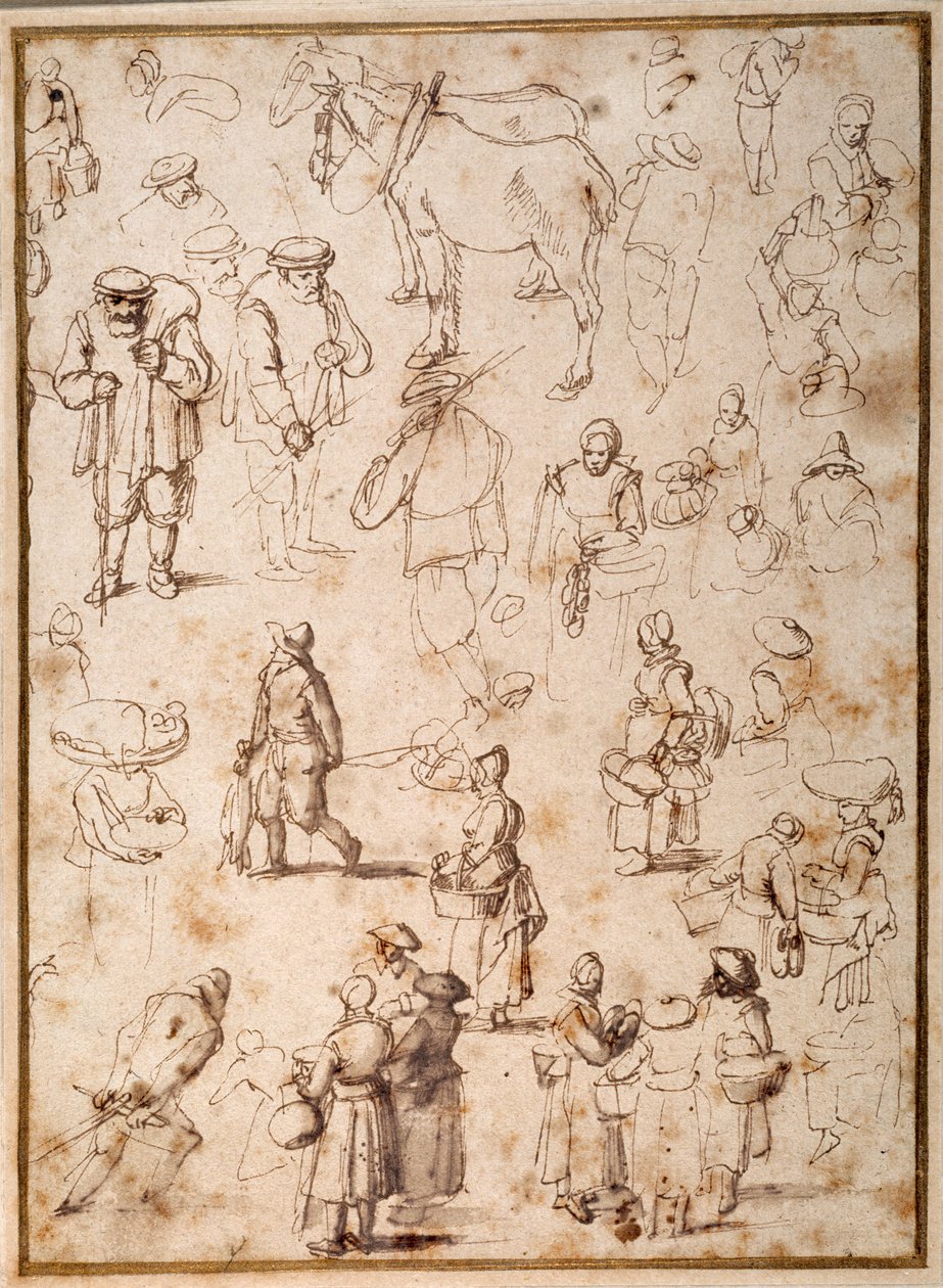 Studies van boeren uit het leven door Jan the Elder Brueghel
