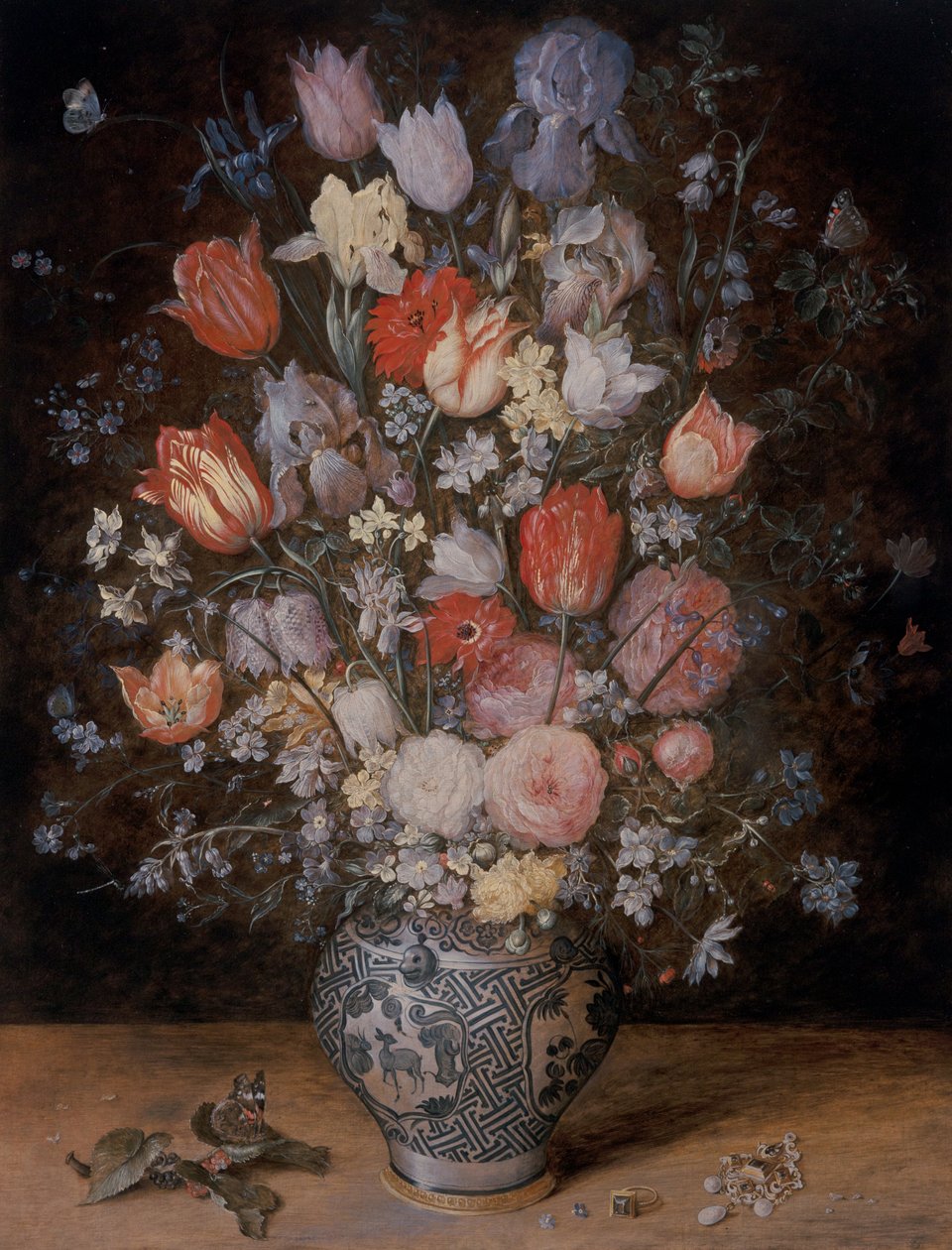 Stilleven van bloemen in een houten kuip door Jan the Younger Brueghel