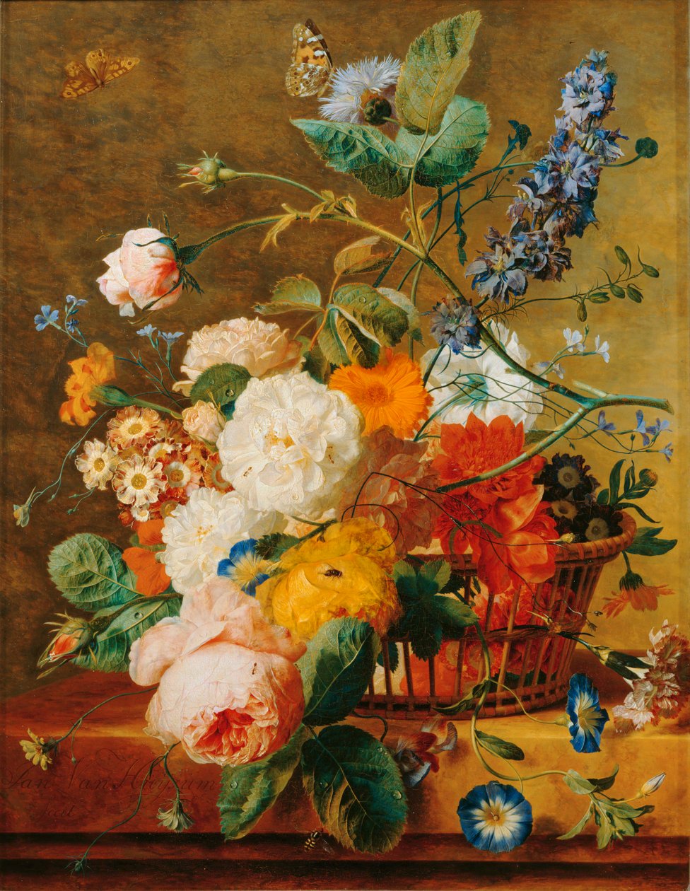 Bloemenmand met sokkel op parkachtergrond - Een mand ... door Jan van (follower of) Huysum