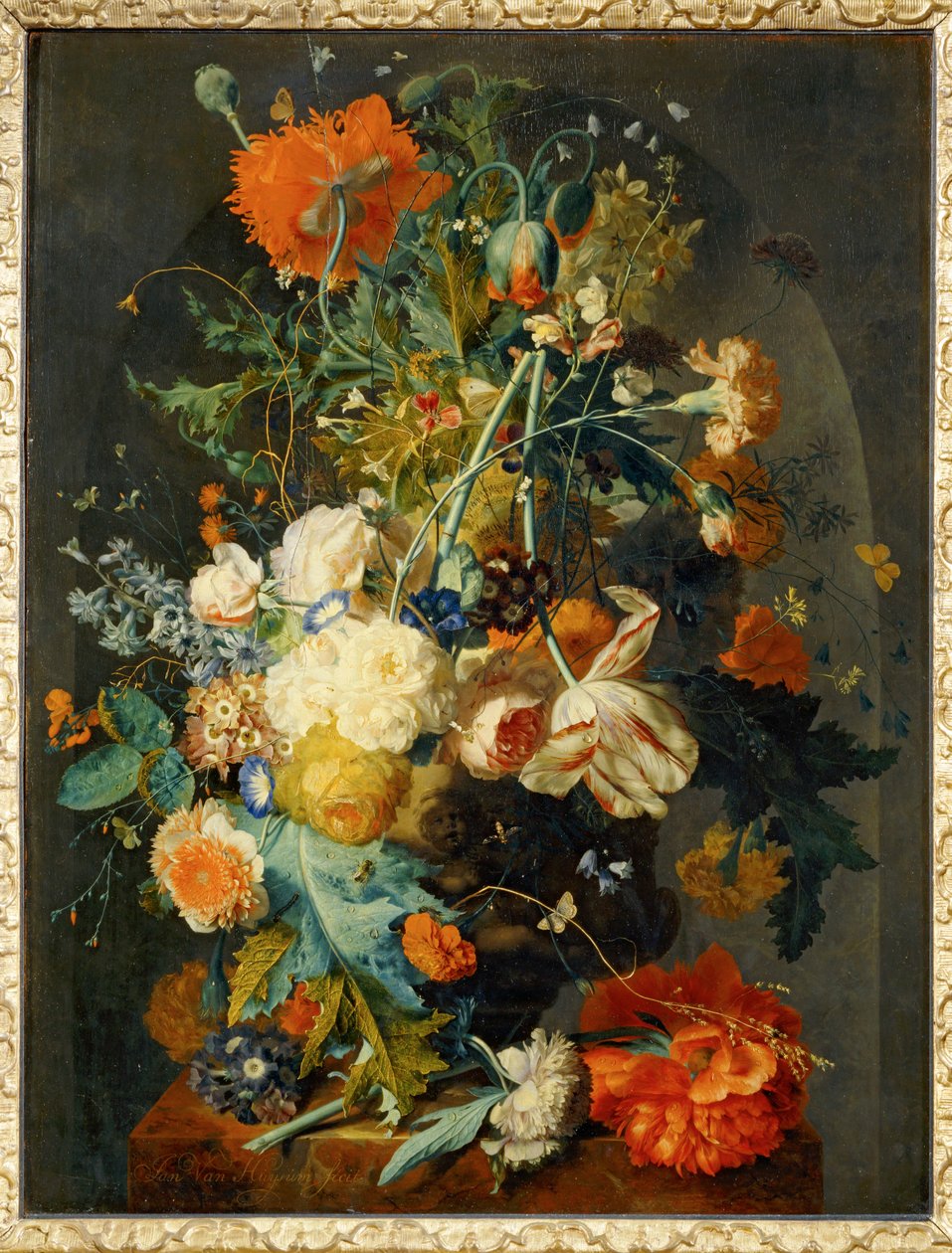 Vaas met bloemen in een nis ... door Jan van (follower of) Huysum