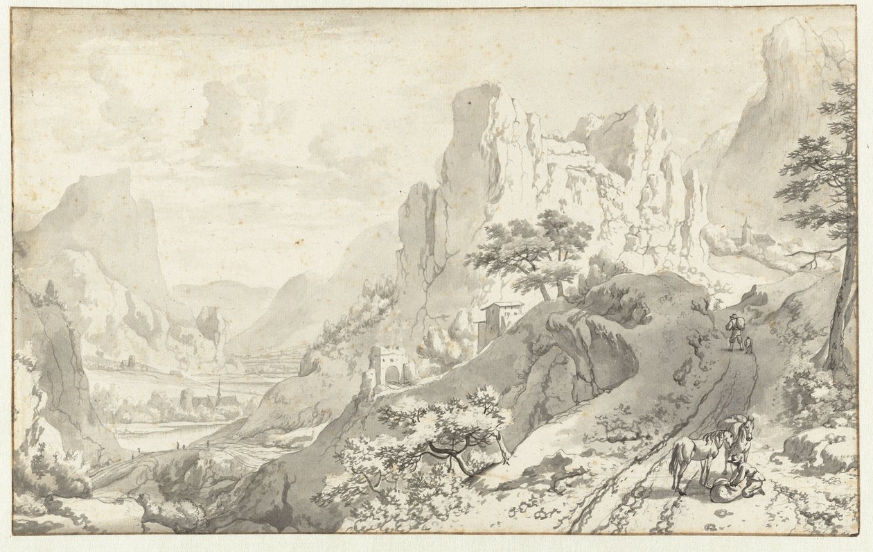 Berglandschap met afgestegen ruiter door Jan van Aken