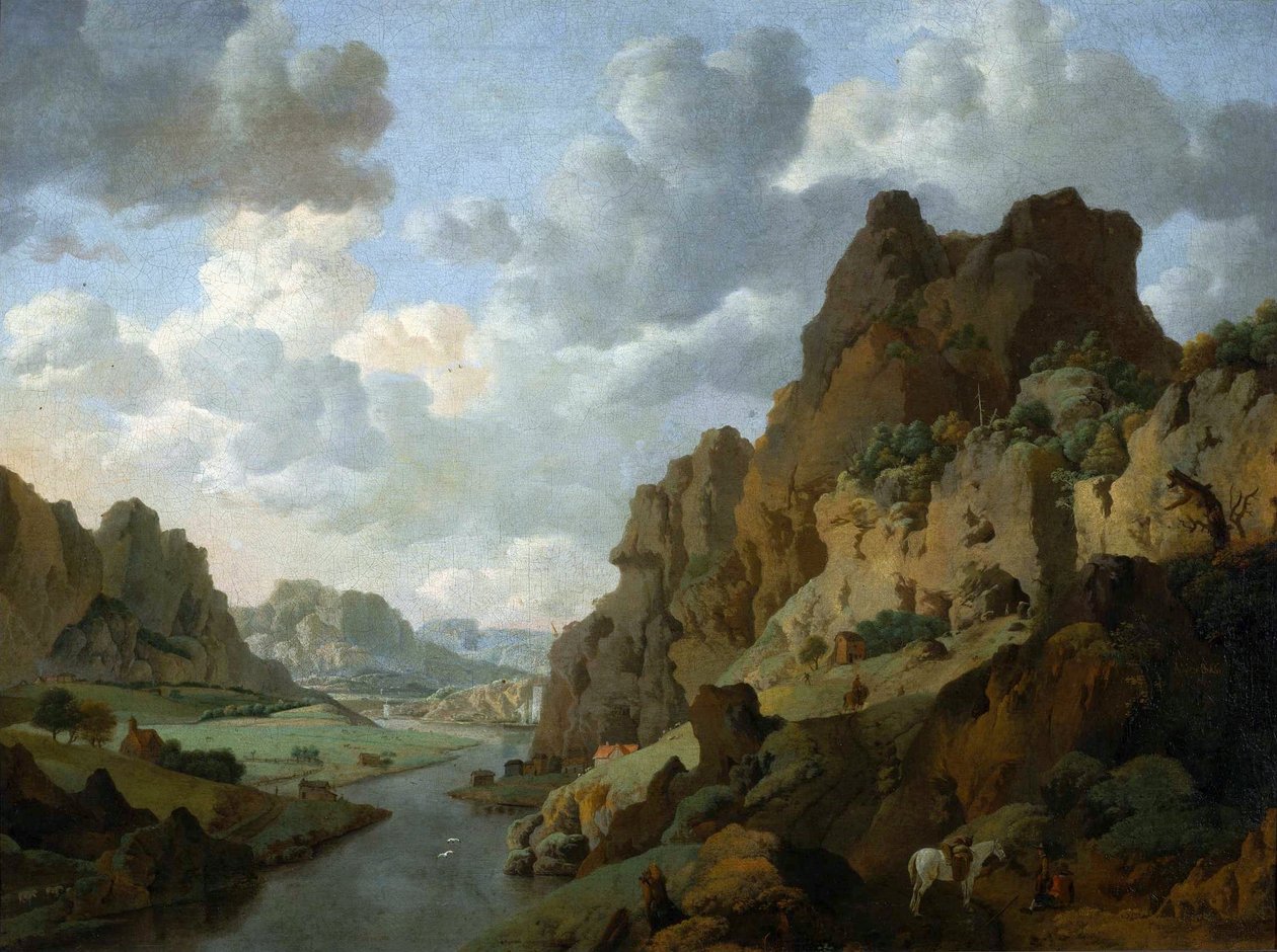 Dutch: Berglandschap met rustende reizigers Rocky landscape. door Jan van Aken