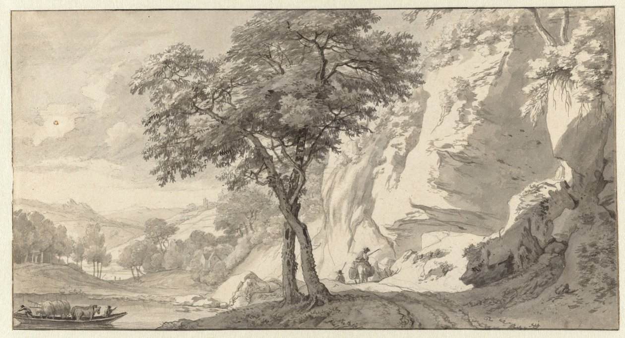 Berglandschap met een veerboot door Jan van Aken