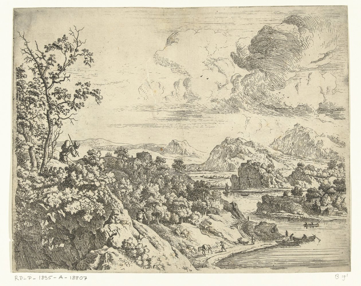 Rivierlandschap met man met pak op zijn rug door Jan van Aken