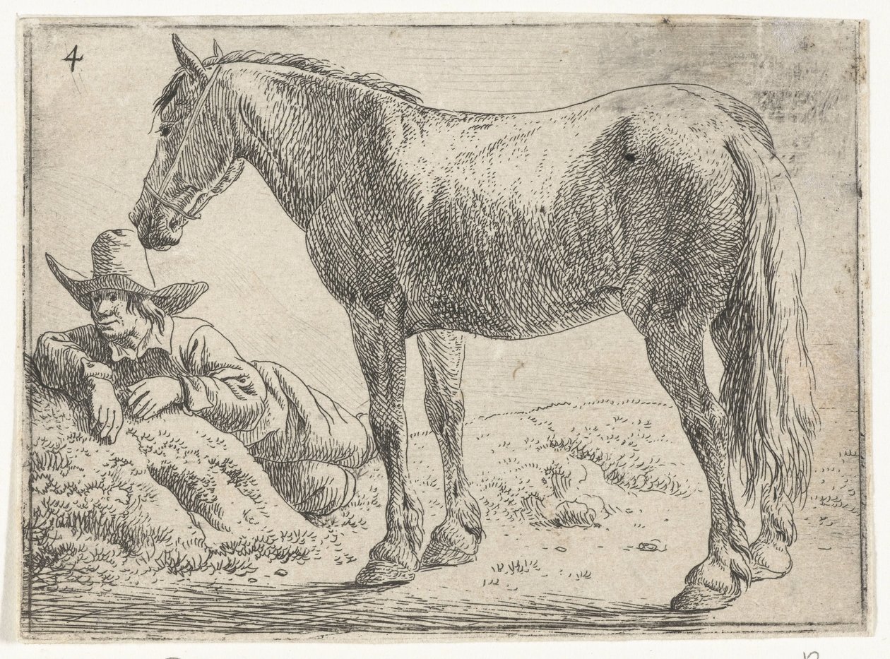 Staand paard met rustende ruiter door Jan van Aken