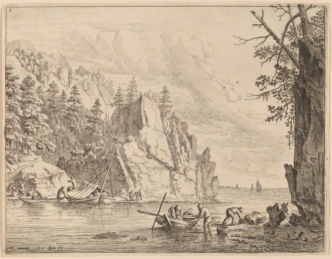 Uitzicht op de Rijn door Jan van Aken after Herman Saftleven