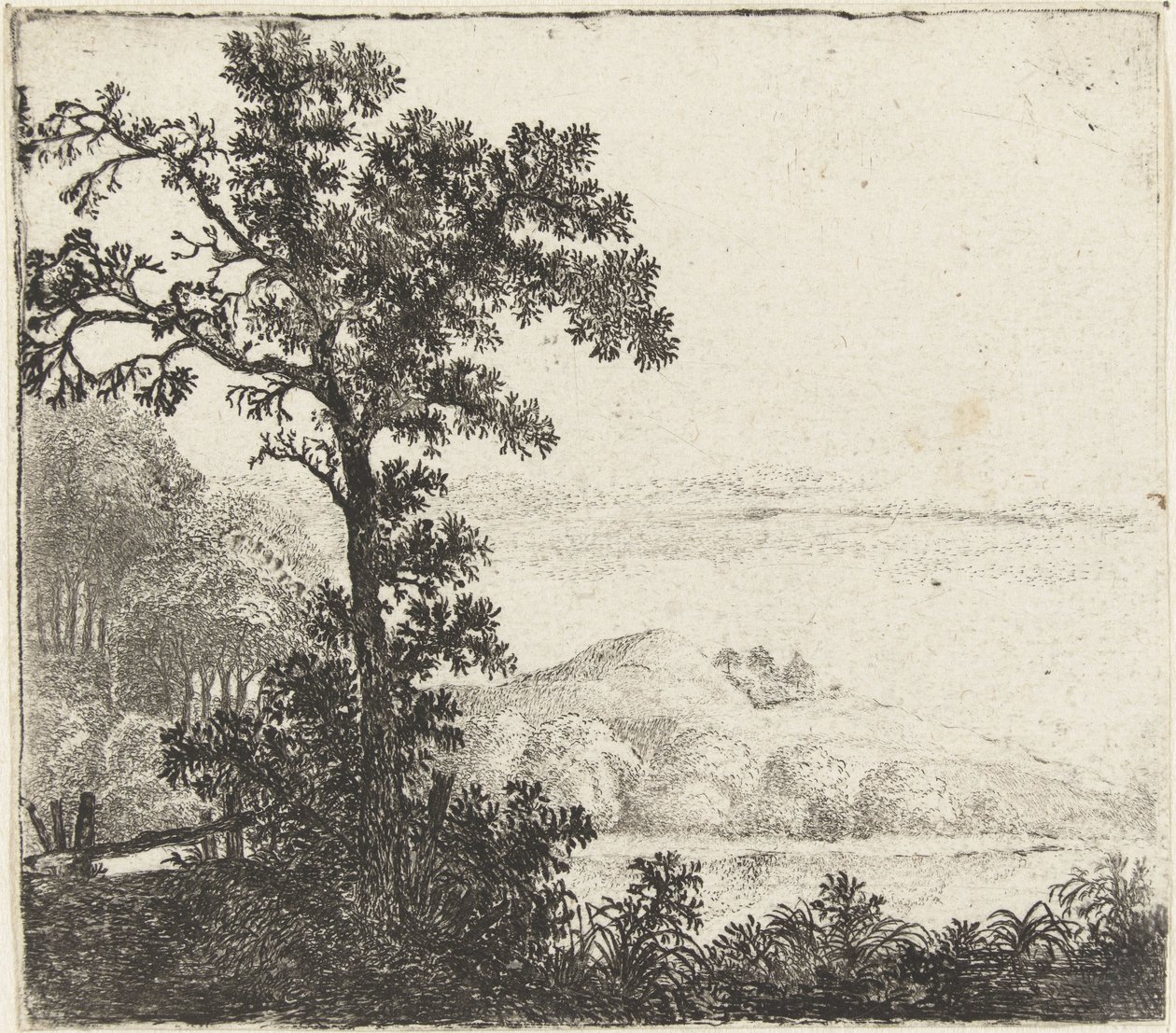 Landschap met boom bij een rivieroever door Jan van Brosterhuyzen