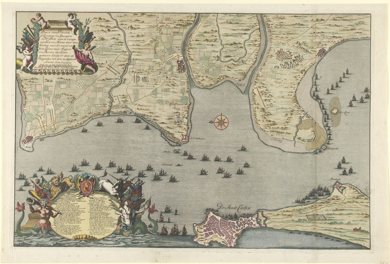 Kaart van de landing en expeditie van de Geallieerden bij Cadiz, 1702 door Jan van Call (I)