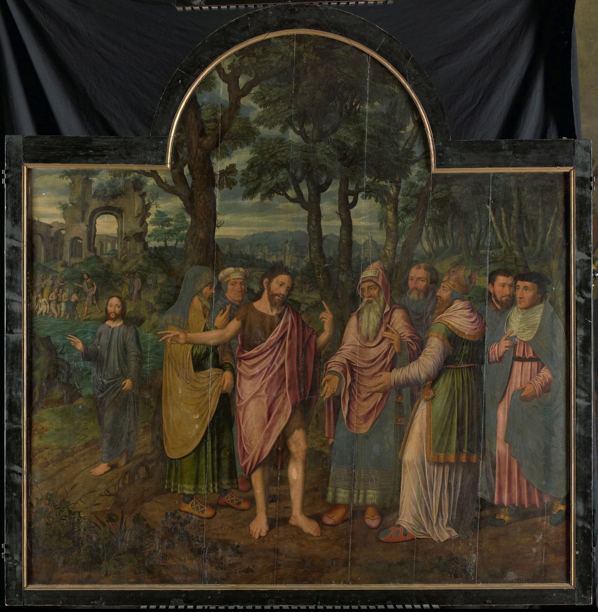 Johannes de Doper vermaant de Farizeeërs, middenpaneel van een drieluik door Jan van Coninxloo (II)
