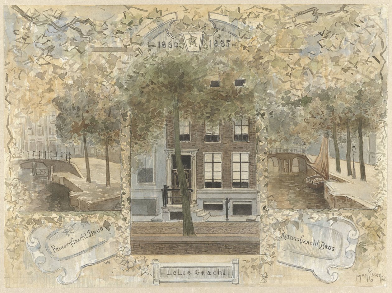 Huis op de Leliegracht, geflankeerd door de bruggen over de Prinsengracht en de Keizersgracht door Jan van Essen