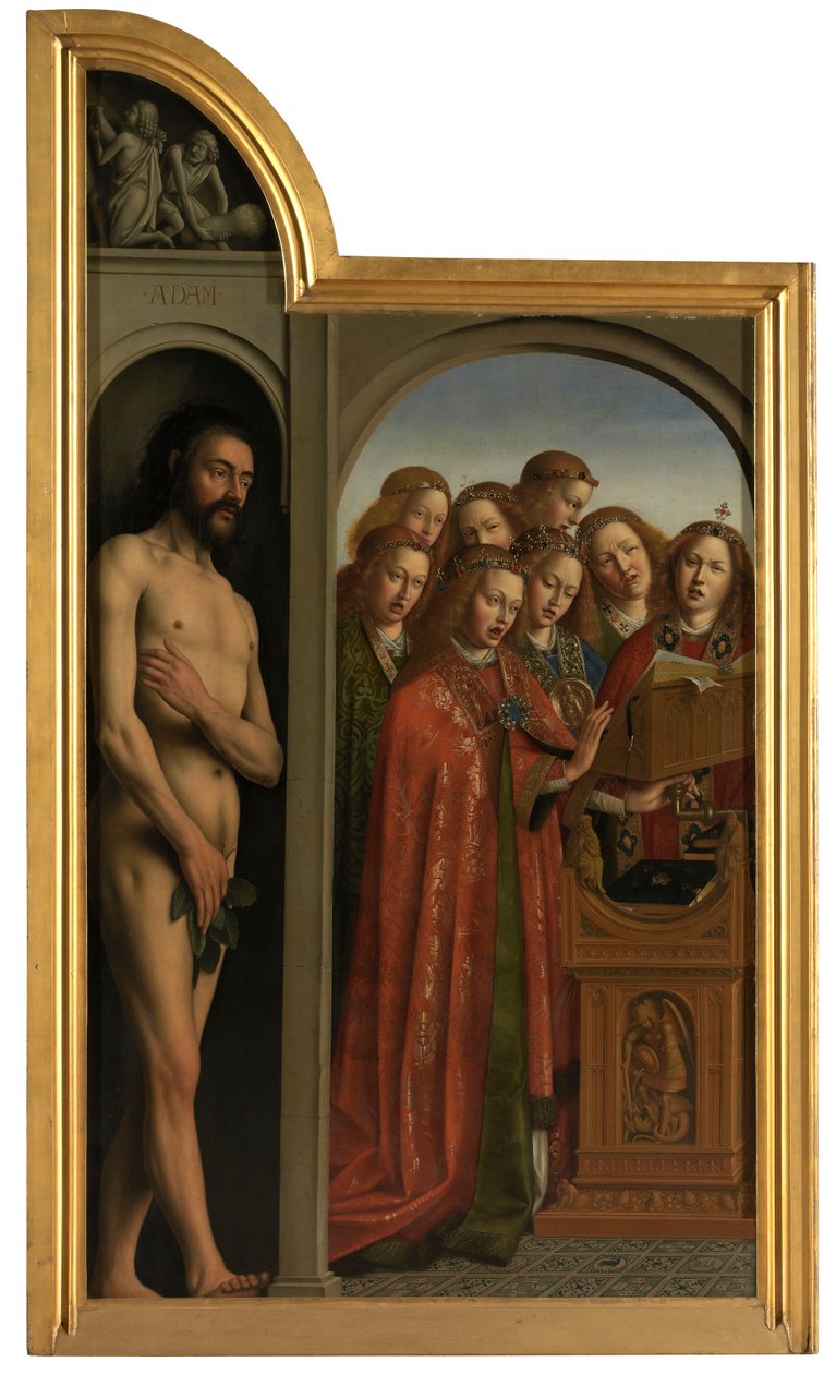 Adam en zingende engelen door Jan van Eyck