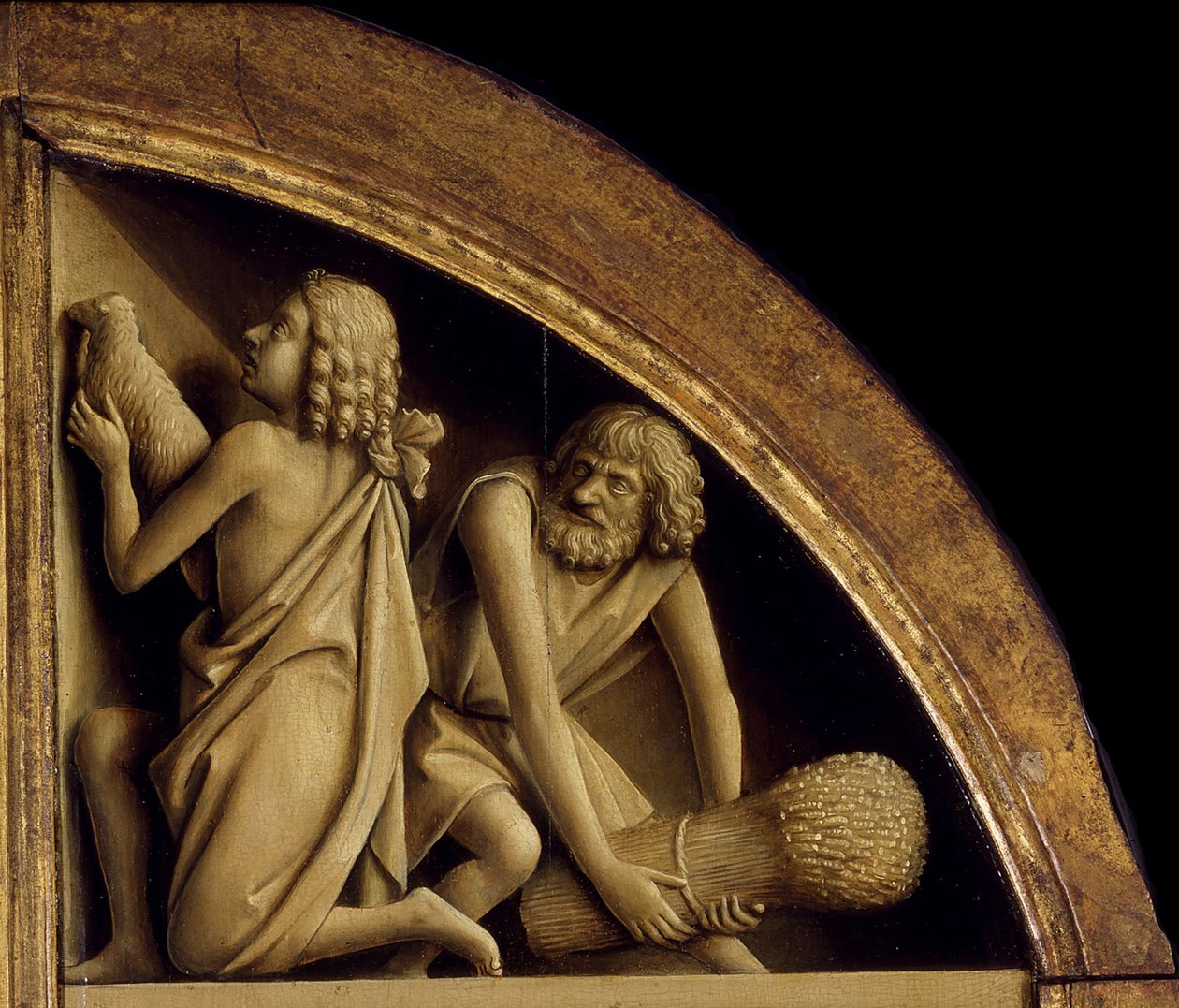 Het Gentse Altaarstuk. Aanbidding van het Mystieke Lam: Het offer van Kaïn en Abel, 1432 door Jan van Eyck