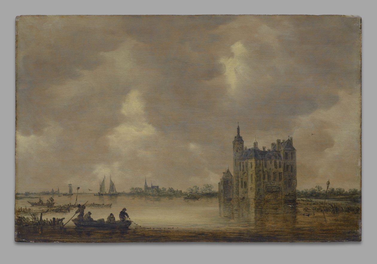 Een kasteel aan een rivier door Jan van Goyen