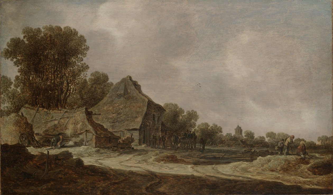 Een zandweg met rietgedekte huisjes door Jan van Goyen