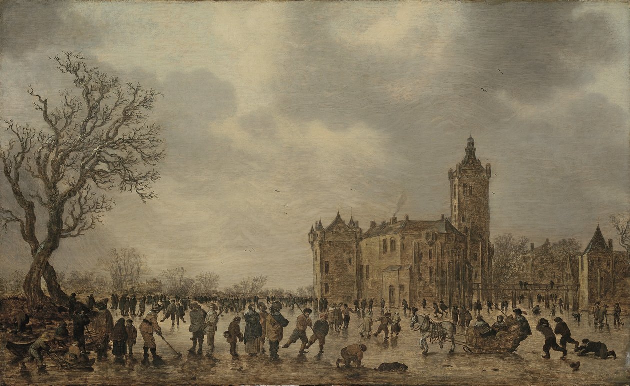 Een winterlandschap met figuren die zich op het ijs desporten bij het Kasteel Montfoort door Jan van Goyen