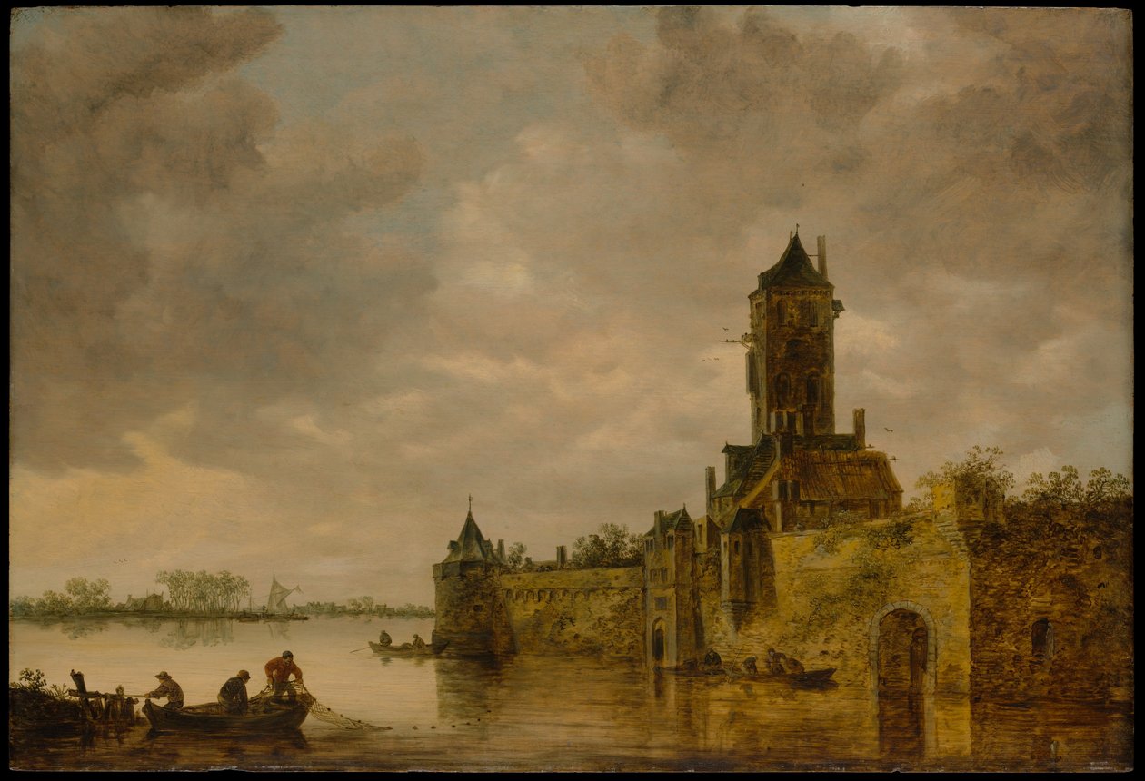 Kasteel aan een rivier door Jan van Goyen