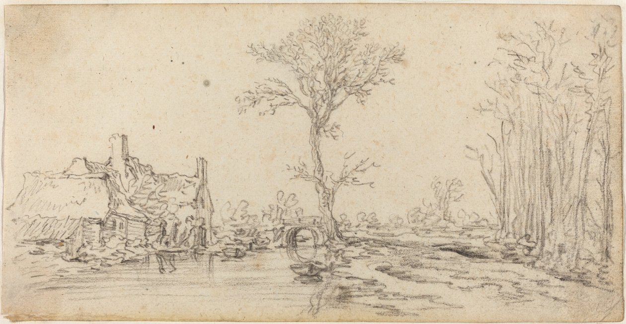 Huisje bij een rivier door Jan van Goyen